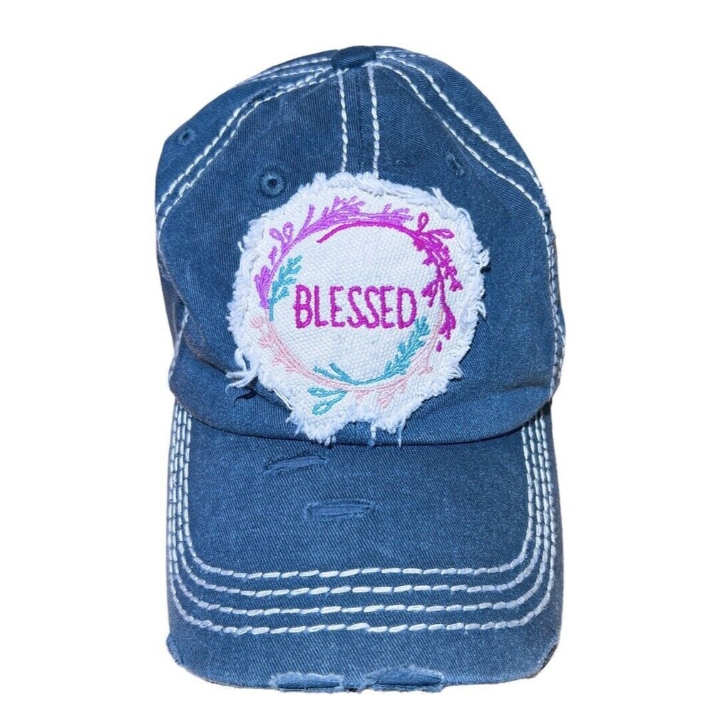 Womens‎ Hat Cap “Blessed” Kbethos Vintage Embroidered Gray Adjustable Floral - Picture 1 of 9